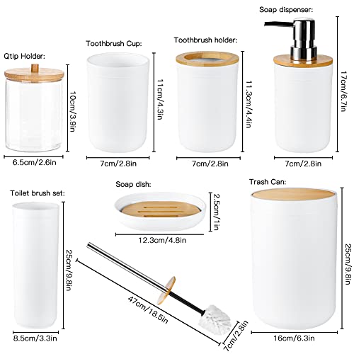 JOTOM 7 Pieces Bamboo Bathroom Accessory Set Luxury Plastic Bathroom Accessories Set Qtip Holder Toothbrush Holder Tumbler Toilet Brush Set Soap Dish Trash Can Soap Dispenser Bath Set Gift (White) - Image 3