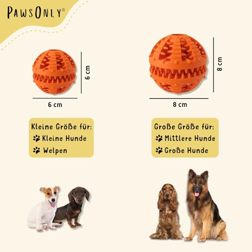PawsOnly | Hundespielzeug | Leckerli Ball für Hunde | Intelligenzspielzeug | Snackball Hund | Hundebeschäftigung | Futterball Naturkautschuk | Welpenspielzeug | Zahnputzball (Groß 8 cm, Orange)