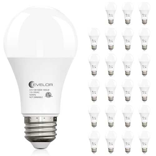evelor 24-Packs A19 LED Light Bulbs 100 Watt Equivalent Daylight 5000K Bright Bulbs Efficient 13W 1500 Lumens E26 Base Non-Dimmable 15000-Hour Lifespan for Bedroom Living Room Office