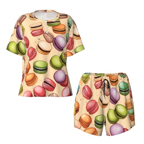 Pyjama biscuit macaron femme ensemble 2 pièces col rond fluide avec short