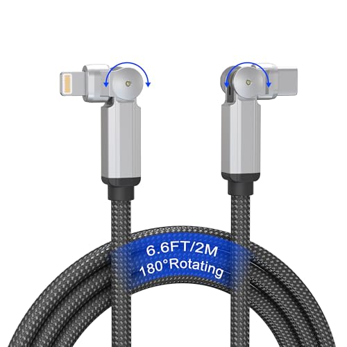 Image of 90 Degree USB C to Lightning Cable with 180Rotating Head - 6.6FT PD Fast Charger Type C to Lightning Right Angle Swivel Cable, MFi Certified Apple Carplay Cable for iPhone 14 13 12 11 X Xs Pro, iPad
