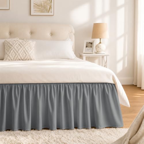Grey Bed Skirt Queen Size 15 Inch Drop, Elastic Wrap Around Bedskirt