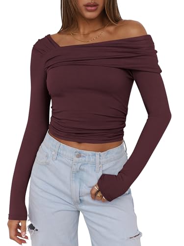 ANRABESS Womens One Off Shoulder Shirts Long Sleeve Slim Fitted Going Out Crop Tops 2025 Fall Outfits Y2K Clothes