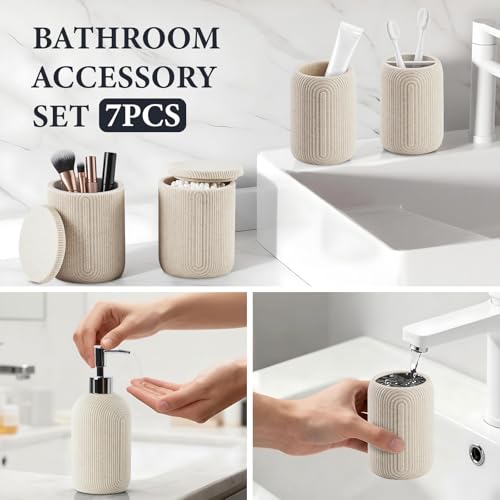 Bathroom Accessories Set - 7-Piece Resin Bathroom Set, Toothbrush Holders for Bathrooms, Soap Dispenser, Qtip Holder Dispenser, Tumbler, Soap Dish & Tray(Beige - image 3