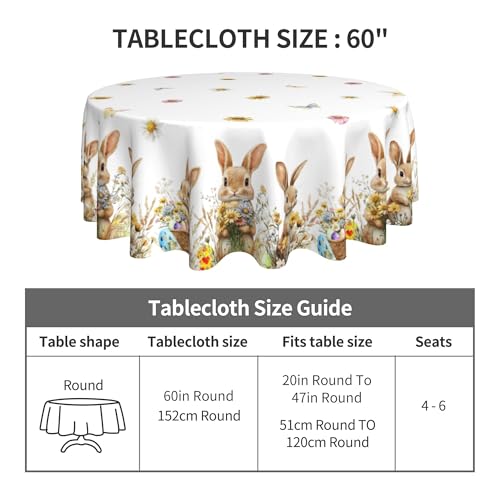 Image of Easter Round Tablecloth 60 x 60 Inch Flowers Rabbit Eggs Table Cover Waterproof Wipeable for Kitchen Restaurant Home Parties Holiday Decor