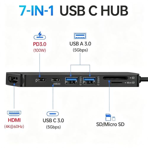 Image of USB C Hub HDMI Adapter for MacBook Pro /Air, 7 in 1 USBC Dongle with HDMI, microSD /SD Card Reader, USB C Data Port,100W PD, and 2 USB 3.0 Compatible for MacBook Pro /Air, Lenovo Thinkpad.