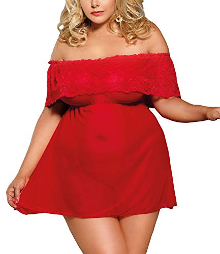 XAKALAKA Women's Sexy Lace Off Shoulder Lingerie Babydoll Mesh Chemise Sleepwear Red XXXL