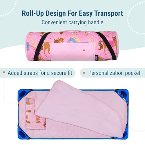 Image of Wildkin Modern Kids Nap Mat with Pillow for Girls - Cotton Blend, Elastic Straps, Toddler Sleep Mat for Daycare, Preschool, Kindergarten & Travel, Ages 3-7, Machine Washable - Horses
