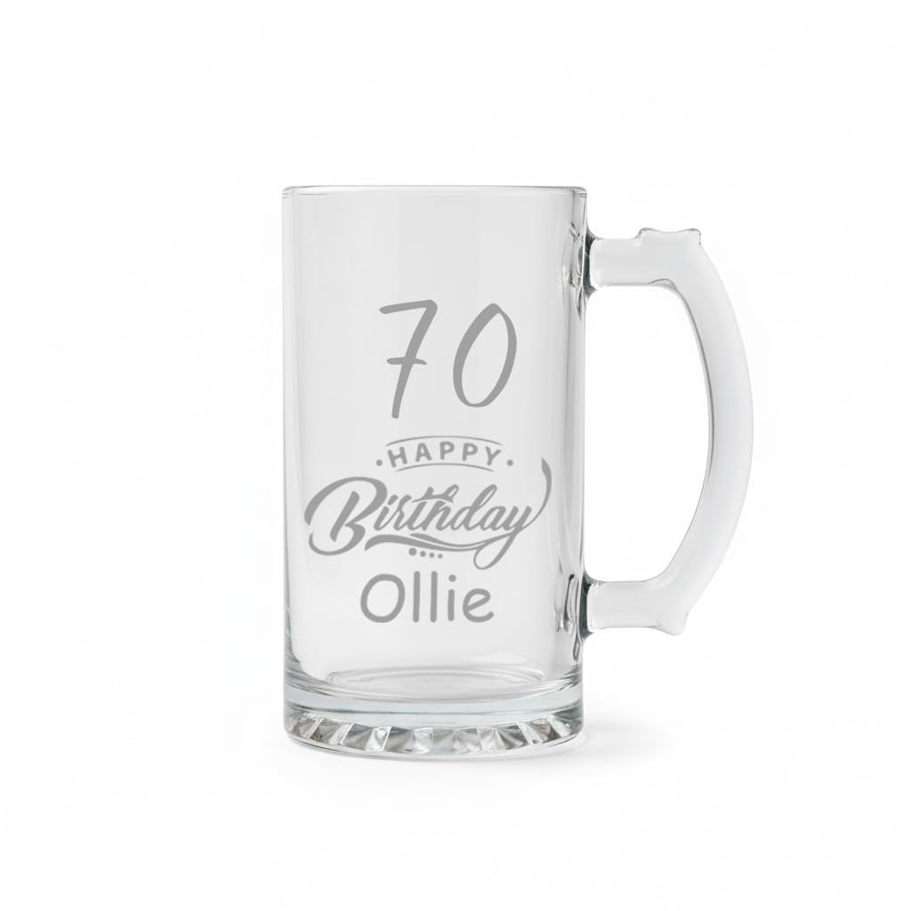 ukgiftstoreonline Personalised Engraved Tankard Beer Mug with Thumb Handle, 510ml, Glass, Happy Birthday Gift Boxed (70th Birthday Beer Glass Gift)