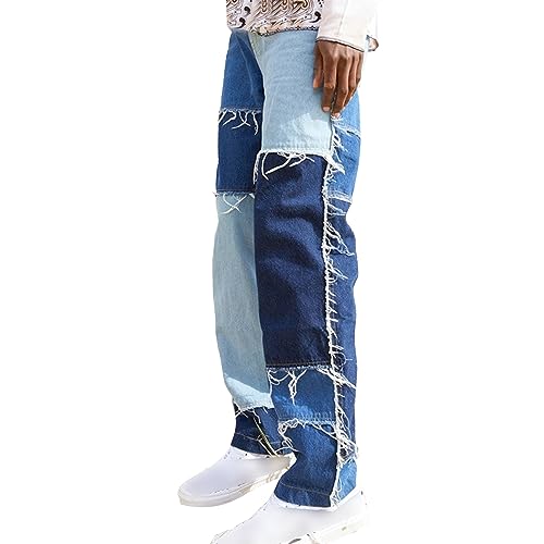 JEShifangjiusu Mens Patchwork Contrast Color Regular Fit Flex Jean Color Block Patched Skate Jeans Loose Casual Denim Trouser
