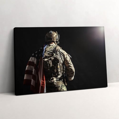 Image sur Toile Soldat avec un drapeau Wallfluent Décoration Murale Peinte 60x40cm