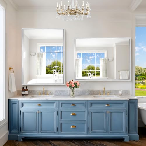 Image of 48 x 36 inch Brushed Silver Bathroom Mirror, Metal Framed Large Rectangle Mirror, 0.6 inch Thickened Deep Frame Mirrors for Living Room Bedroom, Tempered Glass, Antirust, Horizontal or Vertical