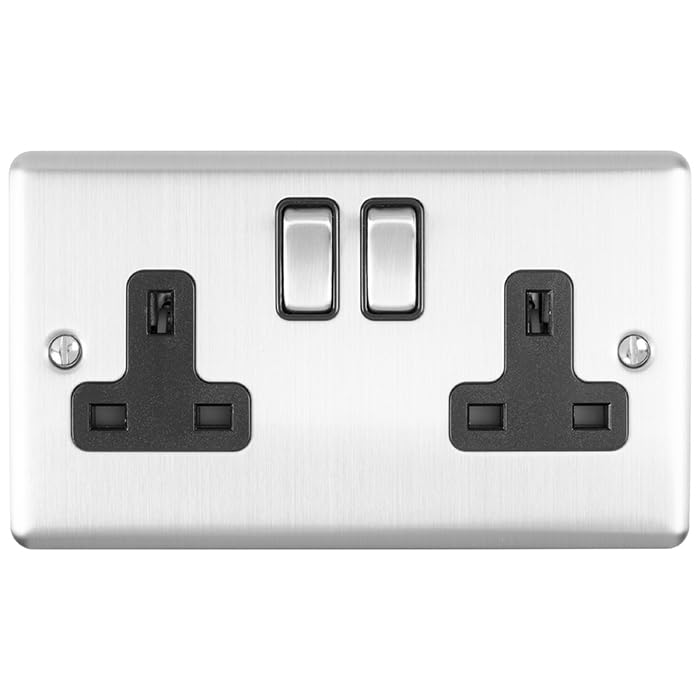 Kooples Hardware Enhance Decorative Socket 1 or 2 Gang Modern Electrical Wall Outlet (Satin Stainless Steel, 2 Gang with Black Trim)
