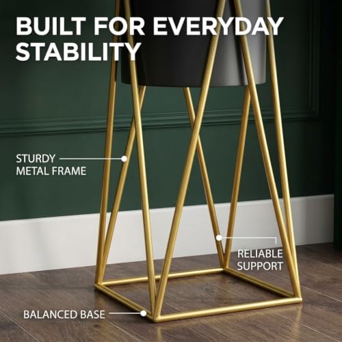 Image of CHROMIX Modern Metal Floor Flower Plant Stand with Planter Pot - Mid-Century Decorative Tall Indoor Plant Stand for Living Room, Bedroom, Balcony, Patio Display - Elegant Black Planter Holder