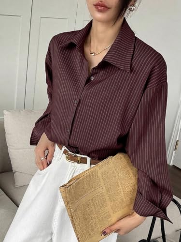 Image of GRECIILOOKS Women's Rayon Striped Shirt | Korean Style Full Sleeve Oversized Button Down Shirts | Tops for Women| Plus Size Top for Office & Casual Outfit