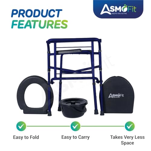 Image of Foldable Commode Chair Height Adjustable Use in Room or Over Toilet, Potty Chair with Armrests, Bedside Commode - Ideal for Adult, Pregnant Women, Elderly - Weight Capacity 100KG (Without Wheels - Blue)
