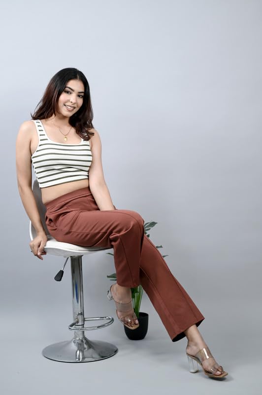 Image of Mlada Mid Waist Wide Leg Flared Pants Elastic Waist Band for Women Office Work Formal Wear Stretch Cotton Knit Flare Pants Utility Pockets Extra Flare Pants Trousers for Travel