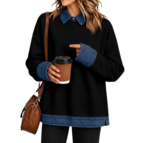 Womens Polo Shirts Denim Patchwork Button Collared Long Sleeve Tops - image 1