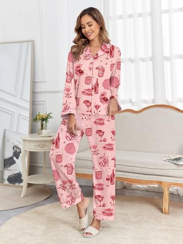 Image of Brosloth Women's Silk Satin Pajamas Pjs Sets Cute Lace Pattern Two Piece Loungewear Set Button Up Pajamas Sleepwear Black
