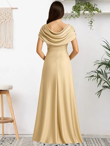 TORYEMY Satin Mother of The Bride Dresses for Women Long Cape Sleeves Ruched Formal Wedding Guest Dress with Slit2