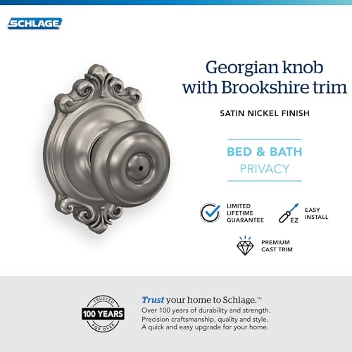Image of Schlage F40 GEO 619 BRK Georgian Door Knob with Brookshire Trim, Bed & Bath Privacy Lock, Satin Nickel