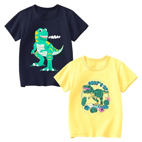 Codkkre Camisetas de Manga Corta para Niños T-Shirts Algodón de Dinosaurio Ropa de Verano para Infantil, Dino BLU Scuro/Dino Giallo, 6 años