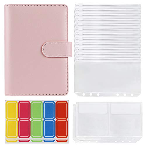 14Pcs Binder Pockets A6 with Leather Binder Cover, 6-Ring Budget Binder with Cash Envelopes, Money Saving Binder (Pink)