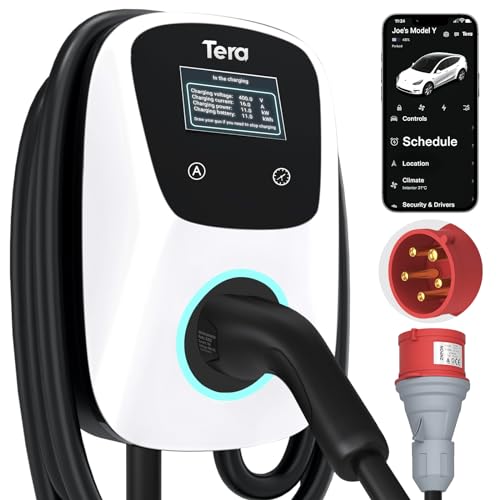 Tera EV Caricabatterie con 16A Tipo 2 11kW 400V CE e TUV Wallbox Cavo di Ricarica 7 Metri Staffa Caricabatterie Controllo Applicazione&Spina trifase CEE - Bianco W01