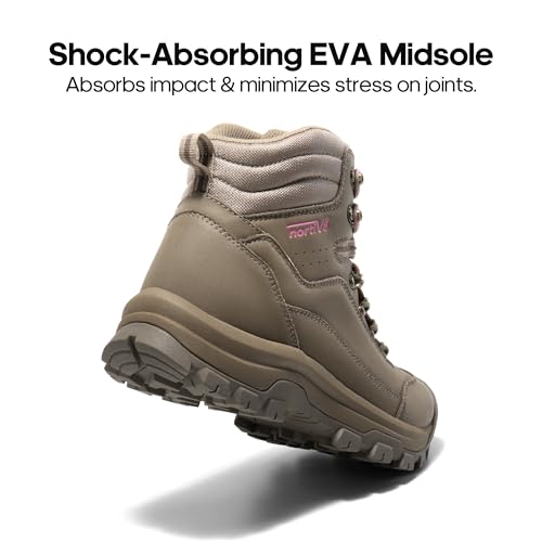 Image of NORTIV 8 Waterproof Women's Hiking Boots | Genuine leather hiking boots with shock-absorbing EVA arch support, anti-slip rubber outsoles, and durable toe protection