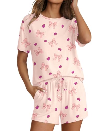 Image of Ekouaer Pajama Set for Women Viscose from Bamboo Short Sleeve Tops and Shorts Set 2 Piece Lounge Set