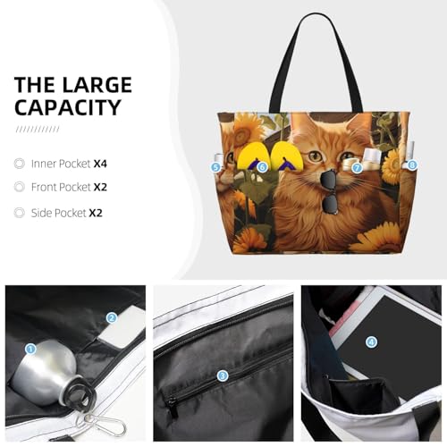 Sunflower Cat Pattern Beach Bag for Women Waterproof Large Beach Tote Bags Ladies Swim Pool Bag with Zipper3