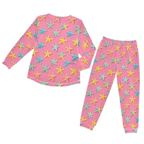 Colorful Starfish Pattern on Pink Soft Pajama Set for All Seasons,Breathable Pjs Long Sleeve Sleepwear,Comfy Loungewear 2 Piece Underwear Set 4T2