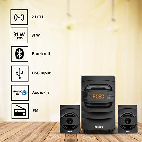 Philips Audio MMS2625B 2.1 Channel, 31 W, Bluetooth Connectivity, Wired Multimedia Computer Speaker, FM, USB, Audio in Speakers, 15mm Subwoofer, Wide Compatibility - MP3 Player, TV, PC (Black) view 2