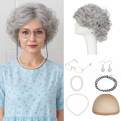 TESS 7 Pcs Old Lady Wig Costume Set for Halloween...