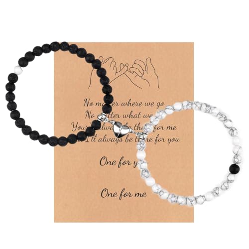 HONYUEYIM 2 PCS Magnetic Bracelets for Couples Love Bracelets,Distance Healing Crystal Braceletsm Matching Heart Bracelet for Lover Him & Her Boyfriend Girlfriend Valentine's Day Gifts(White + Black)