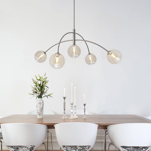 Image of Mid Century Modern Sputnik Chandelier with Glass Globe Cognac Shade Adjustable 5 Light Silver Chandelier for Dining Room Kitchen Bedroom