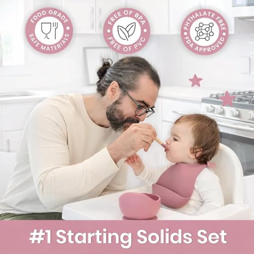 Image of Coofandy Silicone Baby Feeding Bowl with Wooden Handle Spoon,BPA-Free, Non-Slip Baby Feeding Bowl for Self-Feeding, Unbreakable Silicone Non-Slip Suction, Microwave & Dishwasher Safe,(Pink)
