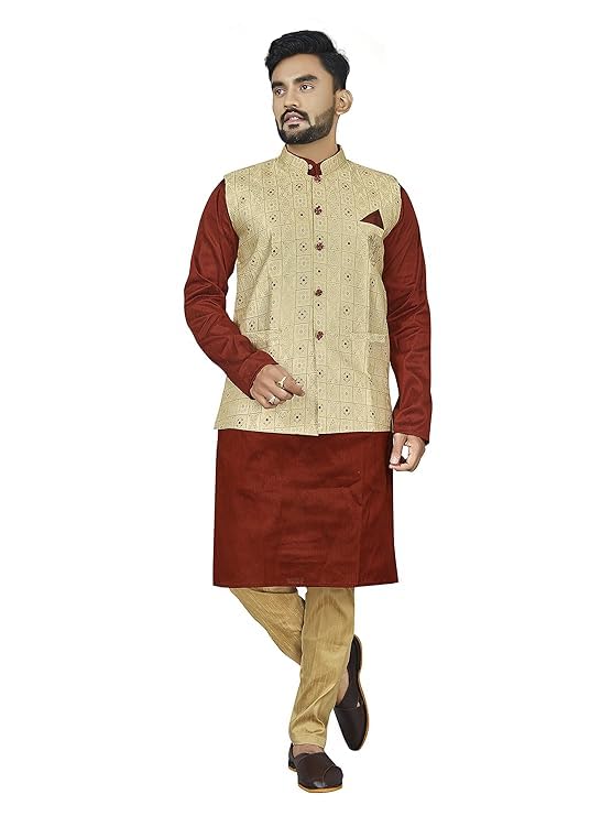 Amzira Ethnic Wear Kurta Pyjama With Jacket/Waistcoat/Blazer/Koti For Men- Red
