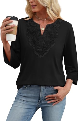 Image of WIHOLL 3 /4 Length Sleeve Womens Tops Boho V Neck Lace Shirt Trendy Blouses Dressy Casual Vacation Clothes S-3XL