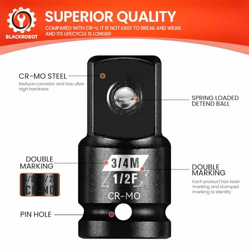 Image of BLACKROBOT 1 /2 inchF To 3 /4 inchM Impact Socket Adapter, Cr-Mo Steel Exceeds ANSI Standards, Square Drive Reducer for Impact Driver Wrench