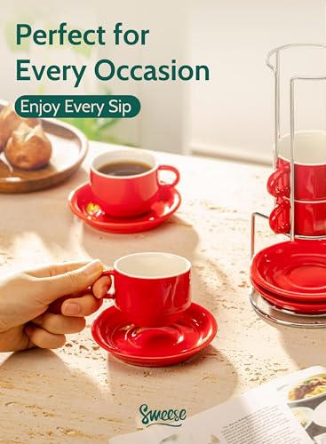 Image of Sweese 2.5 Ounce Porcelain Stackable Espresso Cups with Saucers and Metal Stand Set of 4, Red