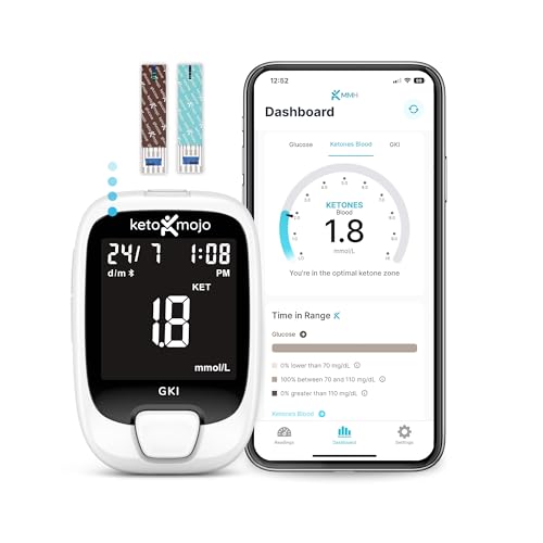 KETO-MOJO GKI Bluetooth Glukose- und Keton-Testkit (mmol/L) + kostenlose APP für Ketose- und Diabetes-Management. 20 Blutteststreifen (je 10) Messgerät 20 Lanzetten Stechhilfe und Kontrolllösungen