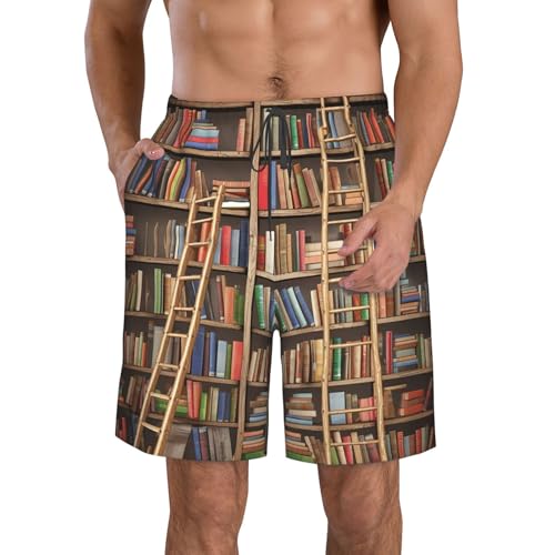 Men's Swim Trunks Quick Dry Bathing Suits Funny Book Shelves Beach Board Shorts Swimwear with Pockets