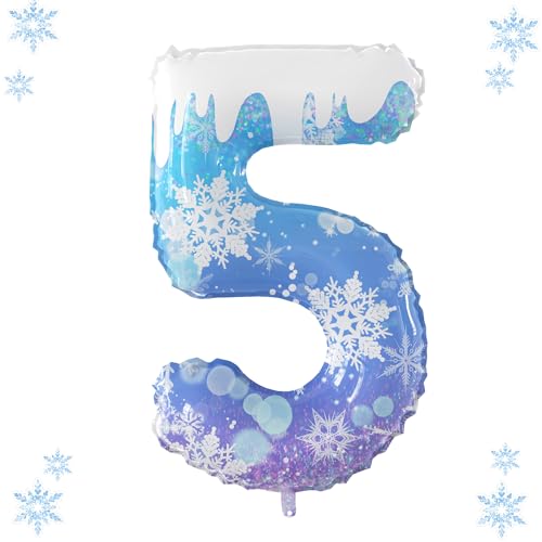 40 Inch Frozen Balloon Number 5 Birthday Balloons Decorations for Girls Birthday Snowflake Themed Party Supplies Winter Party Decorations (Blue Snowflake, number 5)
