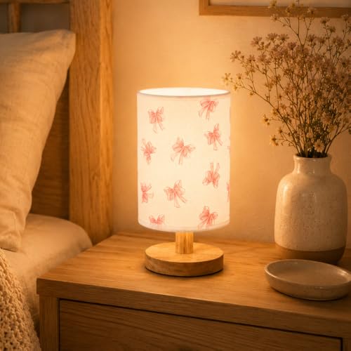 Image of HOVCEH Pink Bow Bedside Table Lamp for Bedroom with Fabric Shade Wood Base