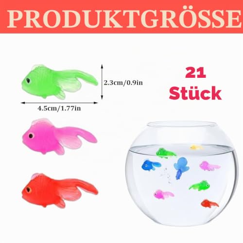 Heyumybit 21 Stück Plastik Schwimmende Fische,Dehnbare Neon Fische,Künstliche Schwimmende Fische,Weiche Gummi Goldfische für Goldfischbecken und Aquarien
