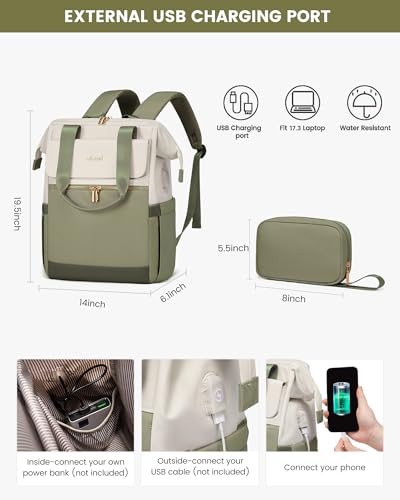 Image of LOVEVOOK 17.3 Inch Laptop Backpack for Women, Large Capacity Travel Backpack with Organizer Bag,Waterproof Carry on Backpack Work Bag with USB Port,Teacher Nurse Backpack Purse,2PCS,Beige-Bean Green