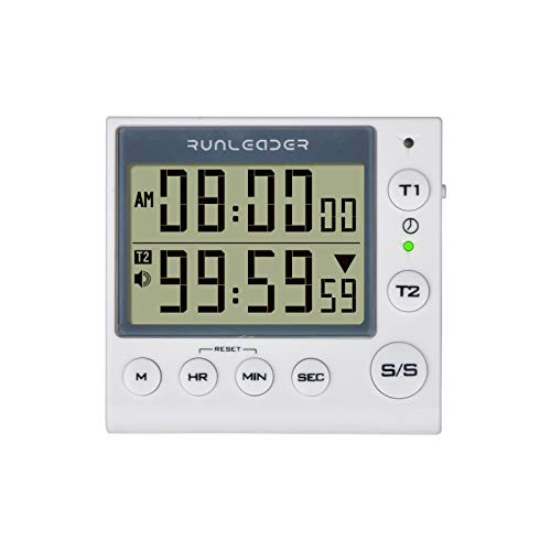 Runleader Digital Dual Kitchen Timer, Bakery Timer, Count Down/Count up Timer with Magnetic Back, Start/Stop, Alarm recordator, for Cooking Learning Sport Office (batería incluida) (KT002-WH)