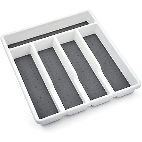 Joyfair Cutlery Tray, Plastic Drawer Organiser/Divider, 5 Compartments Utensil Tray, Heavy Gauge Silverware Holder, Kitchen/Office/Accessories, Anti-Slip Soft Base, White & Grey - 32.6x29cm Cover