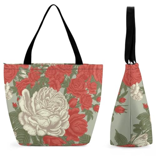 Sac à main pour femme imprimé roses blanches et rouges finitions élégantes grand format